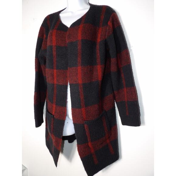Dress Forum Cardigan Long Duster M/L Buffalo Plaid Red Black Duster Fuzzy Knit - Picture 3 of 11